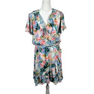 LC Lauren Conrad Multicolor Mini Dress Ruffle V-Neck Petite Large PL Feminine